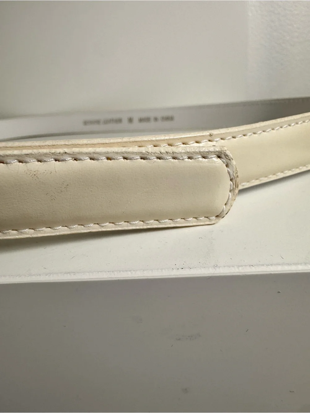 Women's Cream Patent Leather Belt with Gold Buckle